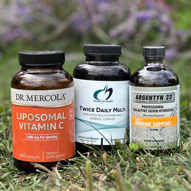 Sampling of Supplements Picture of Vitamin C, Twice Daily Multi, and Colloidal Silver. Samples from Fullscript website.
